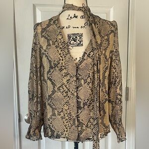 Zara Black and Tan Animal print top V- neck with buttons and tie neck